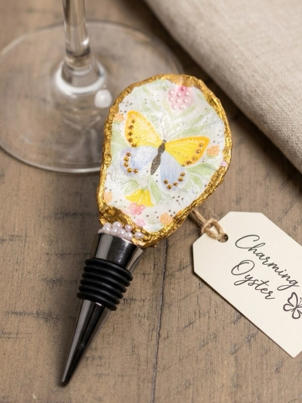 Hand-Painted Butterfly Oyster Wine Bottle Stopper – Yellow Accent